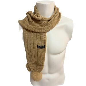 Guy Laroche Wool Scarf – Beige Knit with Real Fur Pom Poms